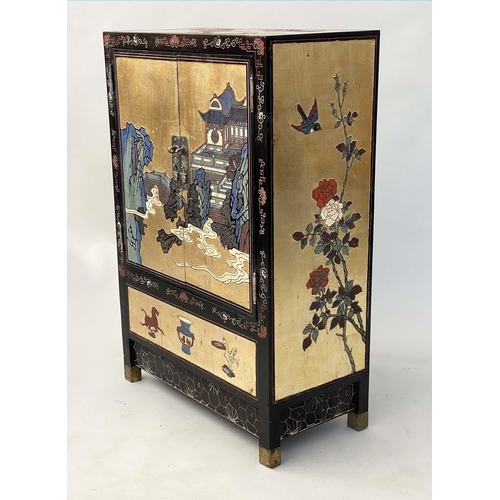 197 - CHINESE CABINET, gold lacquered and Chinoiserie incised decoration with two panelled doors, 61cm x 3... 