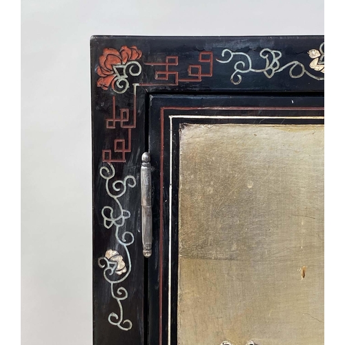 197 - CHINESE CABINET, gold lacquered and Chinoiserie incised decoration with two panelled doors, 61cm x 3... 