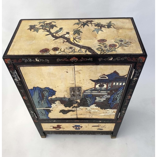 197 - CHINESE CABINET, gold lacquered and Chinoiserie incised decoration with two panelled doors, 61cm x 3... 