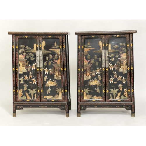 205 - CHINESE CABINETS, a pair, lacquered and gilt Chinoiserie decorated with two doors each enclosing a s... 