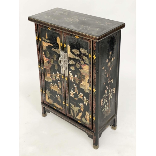 205 - CHINESE CABINETS, a pair, lacquered and gilt Chinoiserie decorated with two doors each enclosing a s... 