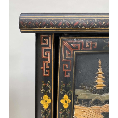 205 - CHINESE CABINETS, a pair, lacquered and gilt Chinoiserie decorated with two doors each enclosing a s... 