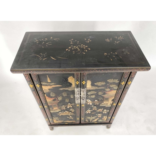 205 - CHINESE CABINETS, a pair, lacquered and gilt Chinoiserie decorated with two doors each enclosing a s... 