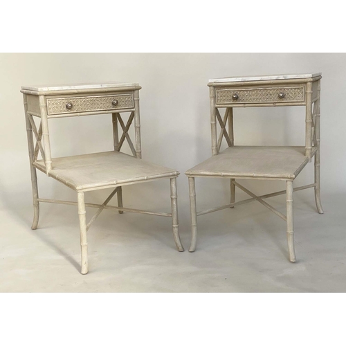 216 - LAMP/BEDSIDE TABLES, a pair, faux bamboo framed with marble tops, drawer and undertier, 47cm W x 67c... 