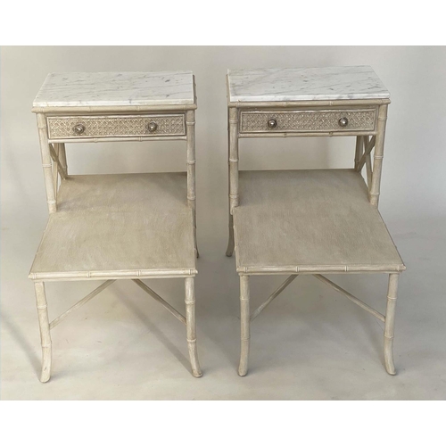 216 - LAMP/BEDSIDE TABLES, a pair, faux bamboo framed with marble tops, drawer and undertier, 47cm W x 67c... 