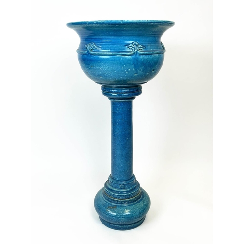 22 - JARDINIERE ON STAND, Victorian style turquoise glazed ceramic, 102cm H.