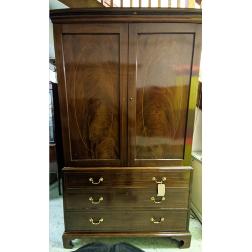 229 - LINEN PRESS, 133cm x 61cm x 218cm H, 19th century mahogany with a pair of inlaid panelled doors encl... 