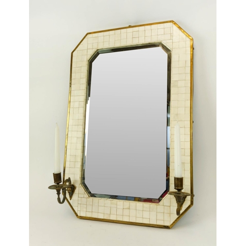 245 - ANTHONY REDMILE STYLE GIRANDOLE WALL MIRROR, tessellated bone frame with pair of sconces, 61.5cm x 4... 