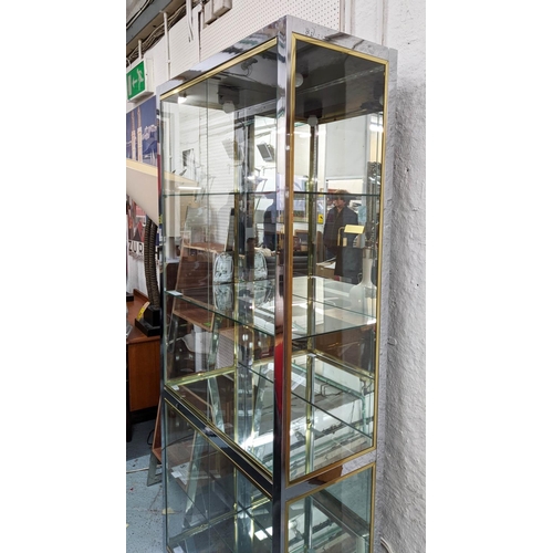 264 - DISPLAY CABINET, 88cm x 199cm H x 41cm, 1970's, chrome and brass with two pairs of doors.