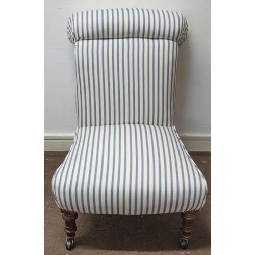 296 - SLIPPER CHAIR, 76cm H x 55cm W, Victorian walnut, circa 1860, in new blue and white ticking on casto... 