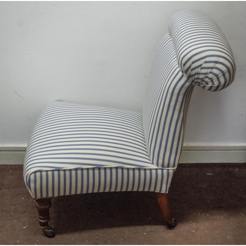 296 - SLIPPER CHAIR, 76cm H x 55cm W, Victorian walnut, circa 1860, in new blue and white ticking on casto... 