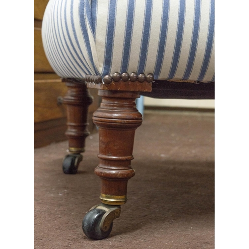 296 - SLIPPER CHAIR, 76cm H x 55cm W, Victorian walnut, circa 1860, in new blue and white ticking on casto... 