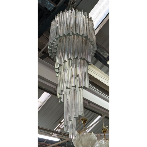 377 - MURANO GLASS CHANDELIER, vintage, spiral triedri drops on brass frame, 115cm x 40cm diam.