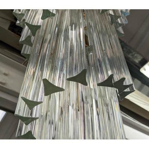 377 - MURANO GLASS CHANDELIER, vintage, spiral triedri drops on brass frame, 115cm x 40cm diam.