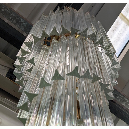 377 - MURANO GLASS CHANDELIER, vintage, spiral triedri drops on brass frame, 115cm x 40cm diam.