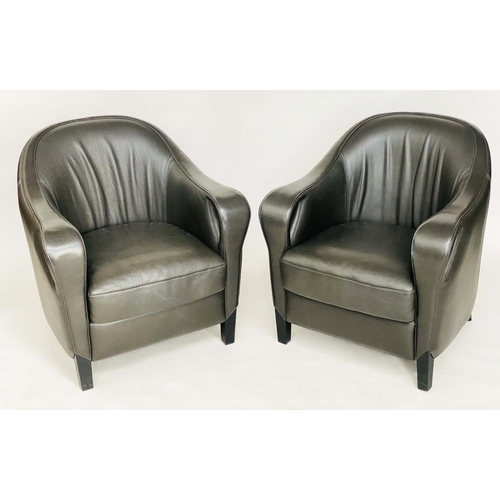 392 - BIZZARRI ARMCHAIRS, a pair, Italian stitched grained dark grey leather, 73cm W. (2)