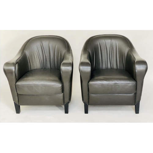 392 - BIZZARRI ARMCHAIRS, a pair, Italian stitched grained dark grey leather, 73cm W. (2)