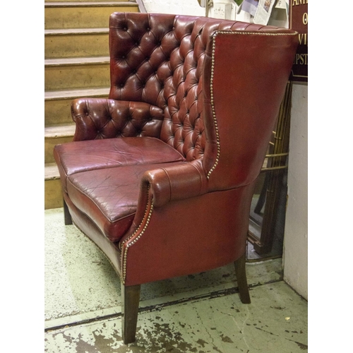 459 - WING SOFA, 113cm H x 140cm, Georgian style in old red leather.