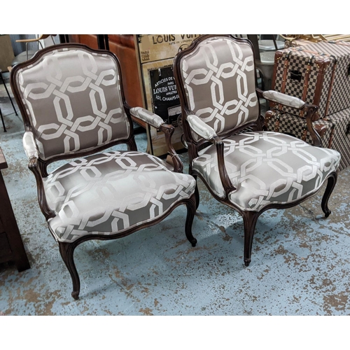 490 - BALZAROTTI PARIS FAUTEUILS, a pair, 69cm W x 96cm H Louis XV design with Lauren silk patterned uphol... 