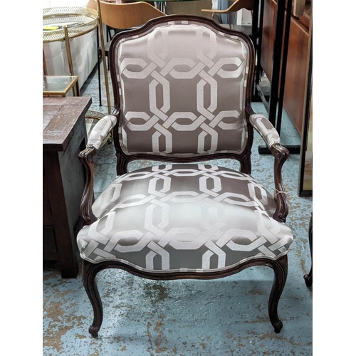 490 - BALZAROTTI PARIS FAUTEUILS, a pair, 69cm W x 96cm H Louis XV design with Lauren silk patterned uphol... 