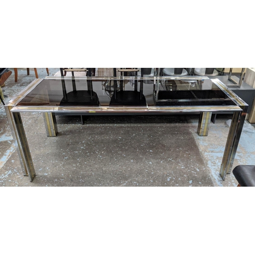 503 - ATTRIBUTED TO ROMEO REGA DINING TABLE, 90cm D x 74cm H x 198 L, vintage 1970's polished metal and br... 