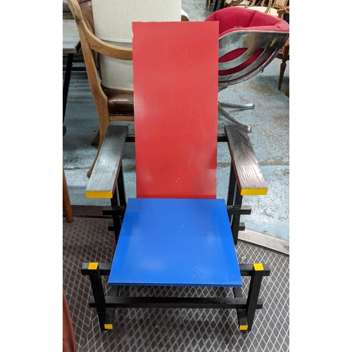 504 - AFTER GERRIT RIETVELD RED BLUE STYLE CHAIR, 88cm H.