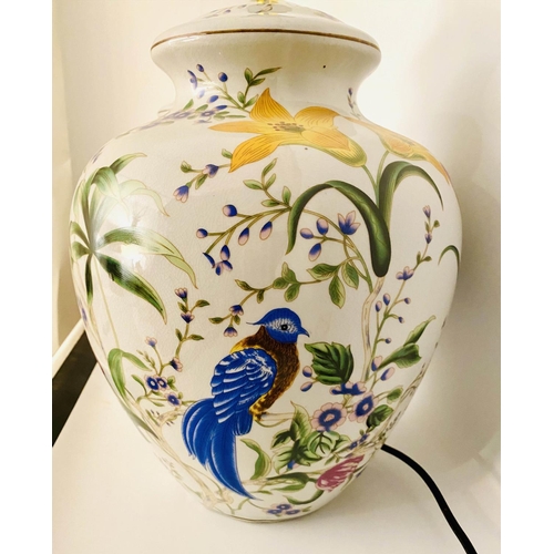 528 - TABLE LAMPS, a pair, glazed ceramic with birds among the trees design 46cm x 27cm x 27cm. (2)