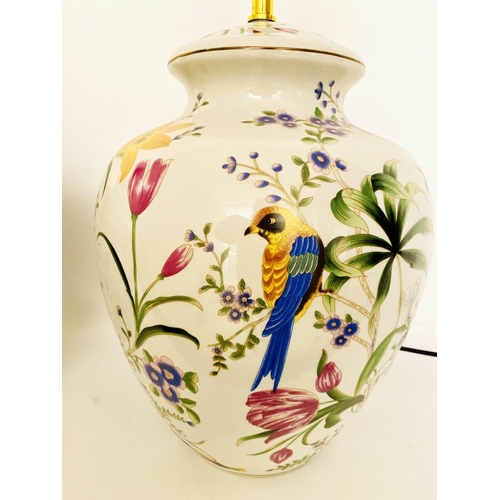 528 - TABLE LAMPS, a pair, glazed ceramic with birds among the trees design 46cm x 27cm x 27cm. (2)