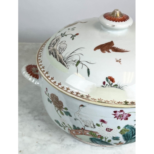 6 - CHINESE EXPORT SOUP TUREEN, 19th century famille rose, decorated with cranes in garden scenes.