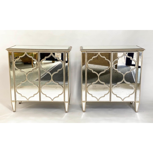 460 - CABINETS, a pair, Julian Chichester style silvered wood and bevelled mirror panelled, each with two ... 