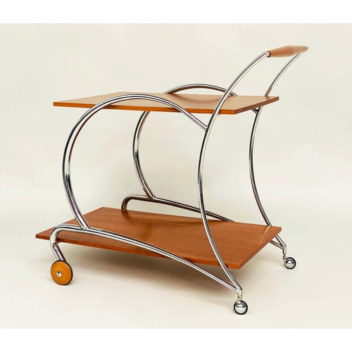 391 - TROLLEY, 1930s style walnut and chrome framed with two tiers and handles, 41cm d x 67cm W x 67cm H.