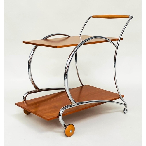 391 - TROLLEY, 1930s style walnut and chrome framed with two tiers and handles, 41cm d x 67cm W x 67cm H.