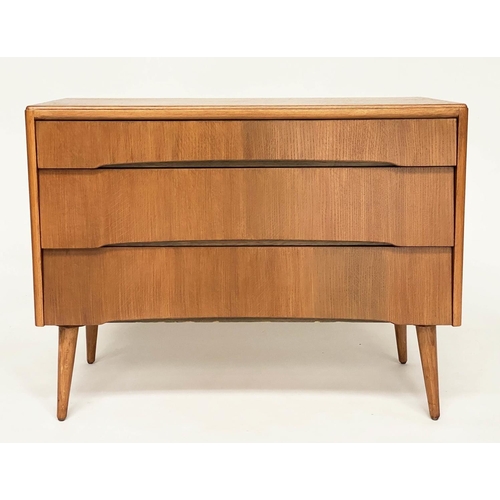 393 - AVALON YATTON CHEST, 1970s oak, with three long drawers and splay supports, 91cm W x 42cm D x 70cm.