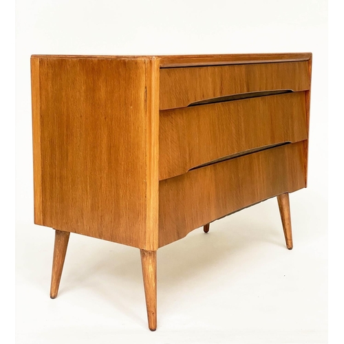 393 - AVALON YATTON CHEST, 1970s oak, with three long drawers and splay supports, 91cm W x 42cm D x 70cm.