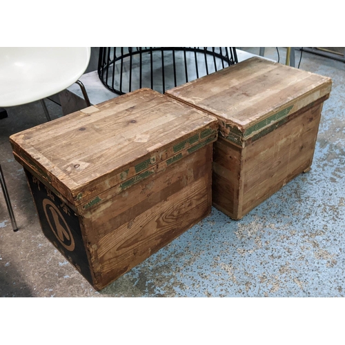 250 - JAPANESE TEA CRATES, 54cm x 38cm x 42cm, a set of two, vintage 20th century, lined interior, with co... 