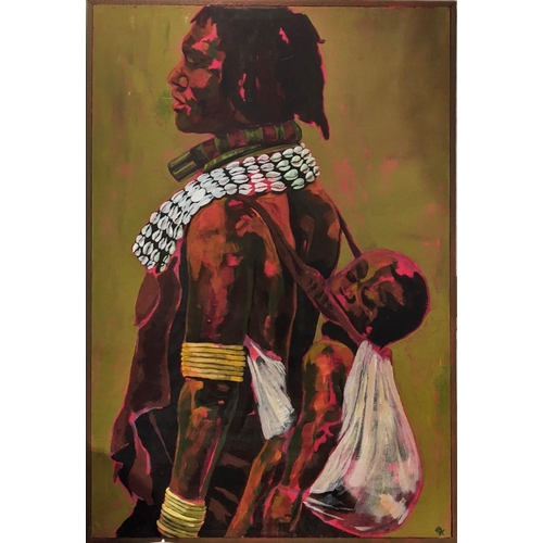 88 - AFRICAN SCHOOL IN THE MANNER OF KUDZANAI-VIOLET HWAMI 'Father and Child', oil on canvas, 90cm x 60cm... 