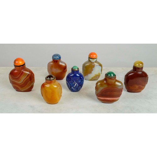 37 - COLLECTION OF CHINESE SNUFF BOTTLES, 19th century, six agate and one lapis all with stoppers. (7)