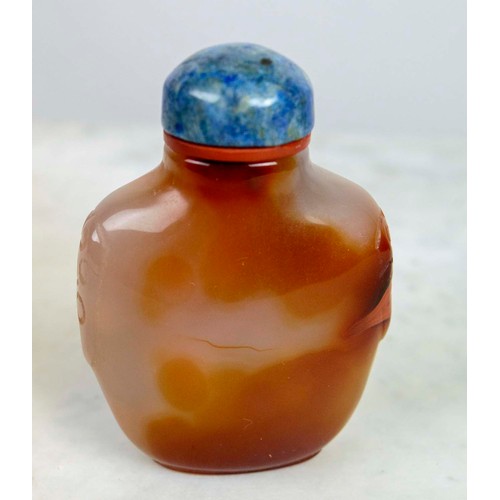 37 - COLLECTION OF CHINESE SNUFF BOTTLES, 19th century, six agate and one lapis all with stoppers. (7)