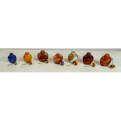 37 - COLLECTION OF CHINESE SNUFF BOTTLES, 19th century, six agate and one lapis all with stoppers. (7)