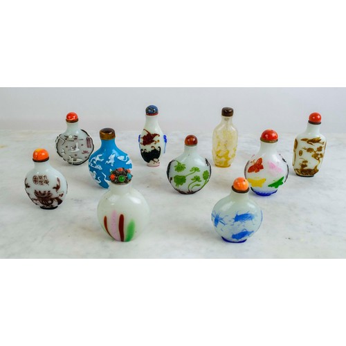 38 - COLLECTION OF SNUFF BOTTLES, ten various overlay glass, mainly 19th century, including signed glassh... 