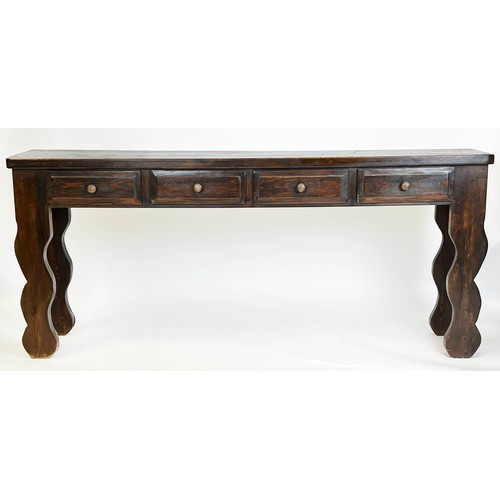 163 - HALL TABLE, Swedish provincial design wavy legged with four drawers, 89cm H x 203cm x 38cm.