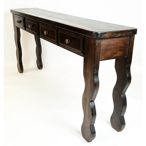 163 - HALL TABLE, Swedish provincial design wavy legged with four drawers, 89cm H x 203cm x 38cm.