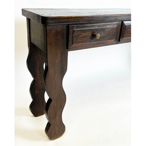 163 - HALL TABLE, Swedish provincial design wavy legged with four drawers, 89cm H x 203cm x 38cm.