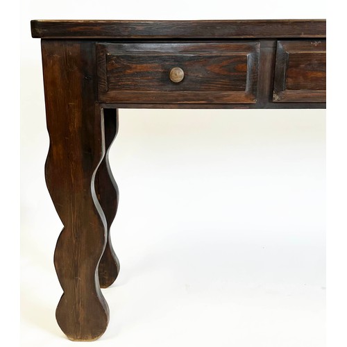 163 - HALL TABLE, Swedish provincial design wavy legged with four drawers, 89cm H x 203cm x 38cm.