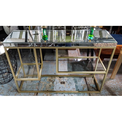 429 - CONSOLE TABLE, 120cm x 36cm x 83cm, contemporary design, mirrored top, gilt metal with three under-t... 