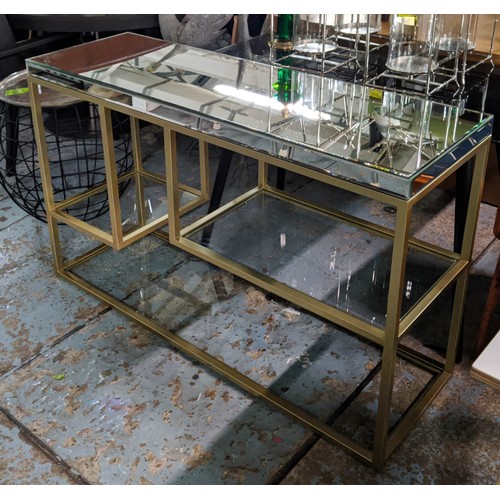 429 - CONSOLE TABLE, 120cm x 36cm x 83cm, contemporary design, mirrored top, gilt metal with three under-t... 