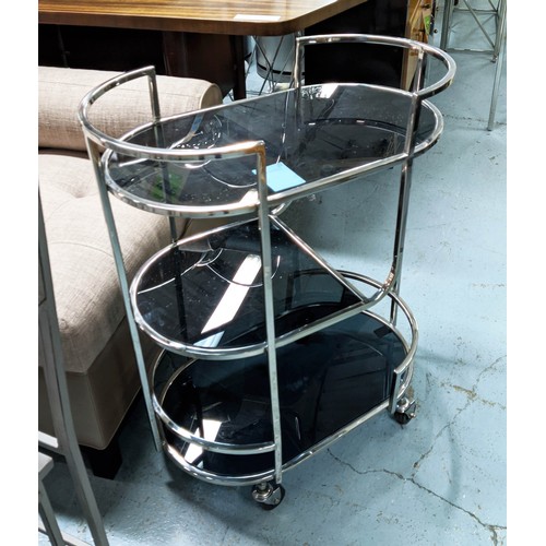 452 - COCKTAIL TROLLEY, 63cm x 38cm x 79cm, Bauhaus style design, polished metal and smoked glass.