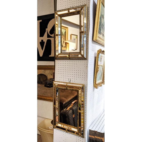 170 - CUSHION MIRRORS, a pair, each 32cm D x 46cm H, with decorative brass detail. (2)