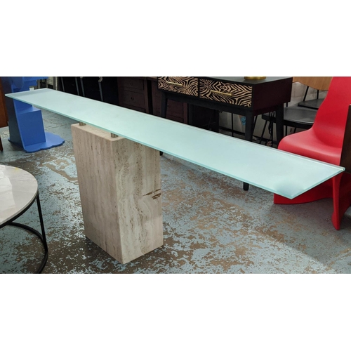 365 - CONSOLE TABLE, 120cm x 30cm x 74cm, Contemporary design travertine base, frosted glass top.