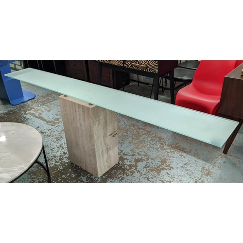 365 - CONSOLE TABLE, 120cm x 30cm x 74cm, Contemporary design travertine base, frosted glass top.